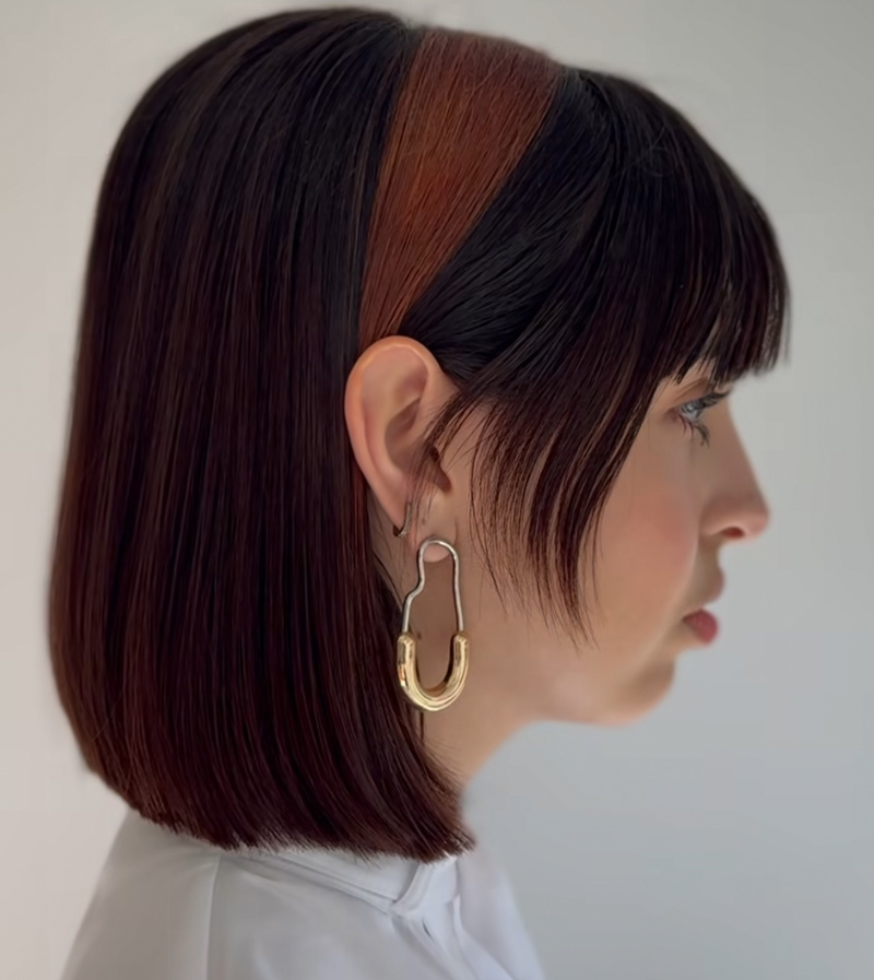 A woman with bob length hair and a prominent band of hair colour