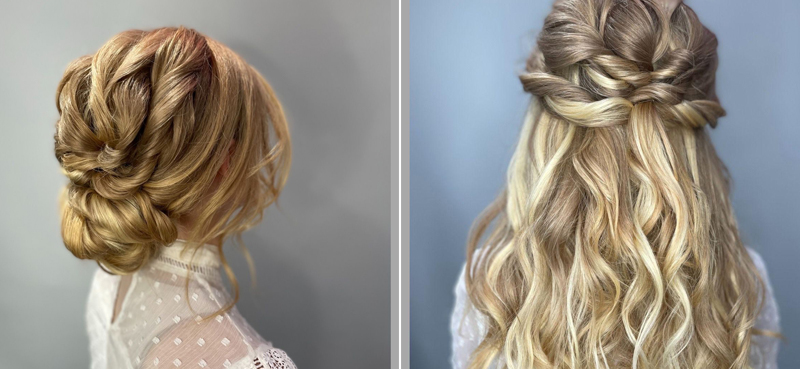 Two women with the hair styled in bridal looks