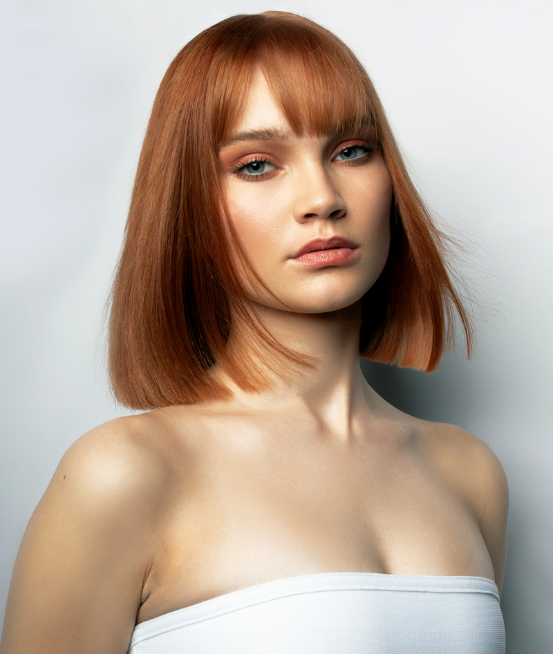Woman with bobbed red hair