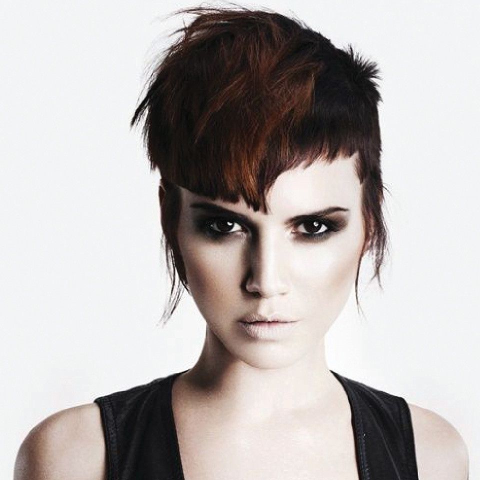 HOB photoshoot image of a female model with short brown rough-cut hair