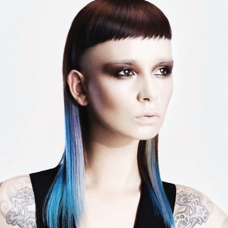 `HOB photoshoot image of a female model with long brown hair with blue and grey highlights