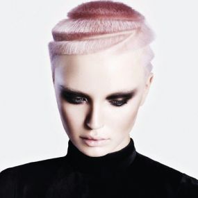HOB photoshoot image of a female model with short shaved pink hair