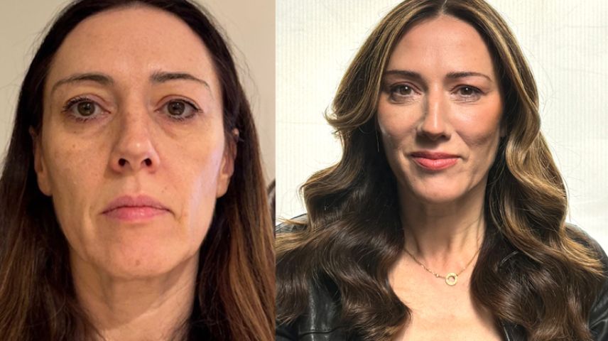 Before and after image of a woman with a new hair colour